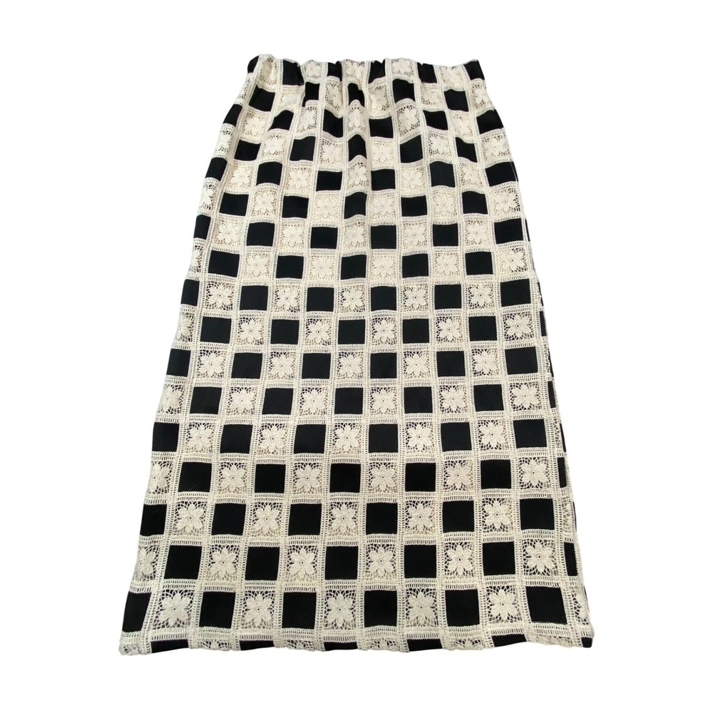 Aureum‎ Vanessa Skirt Black Cream Checkered Crochet Lace Midi AB1609  L